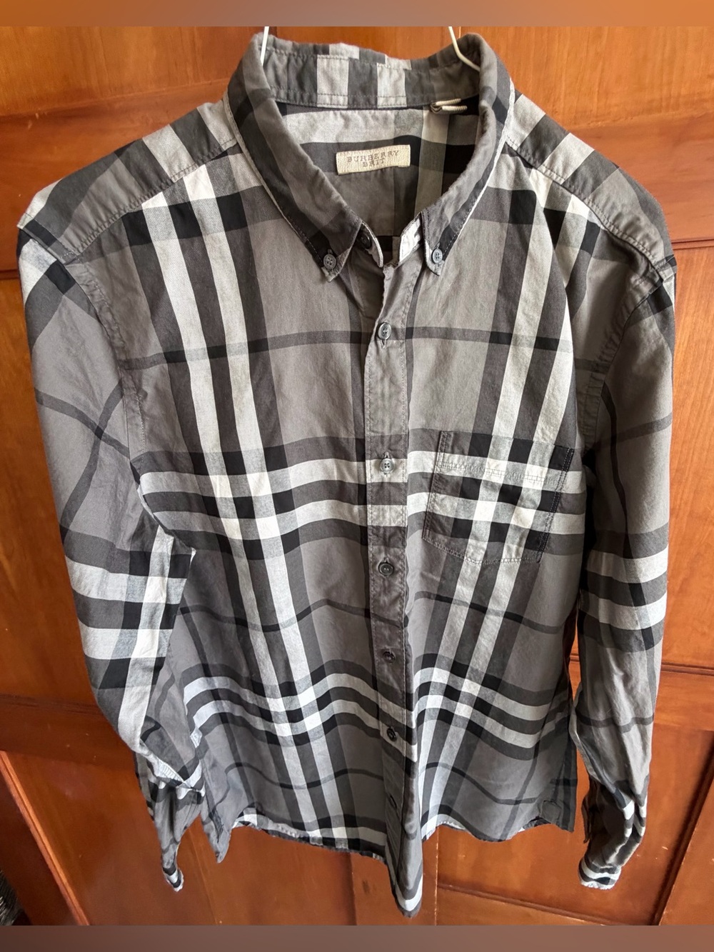 Burberry Men's Grey Plaid Button-Down Long Sleeve Shirt Size XL